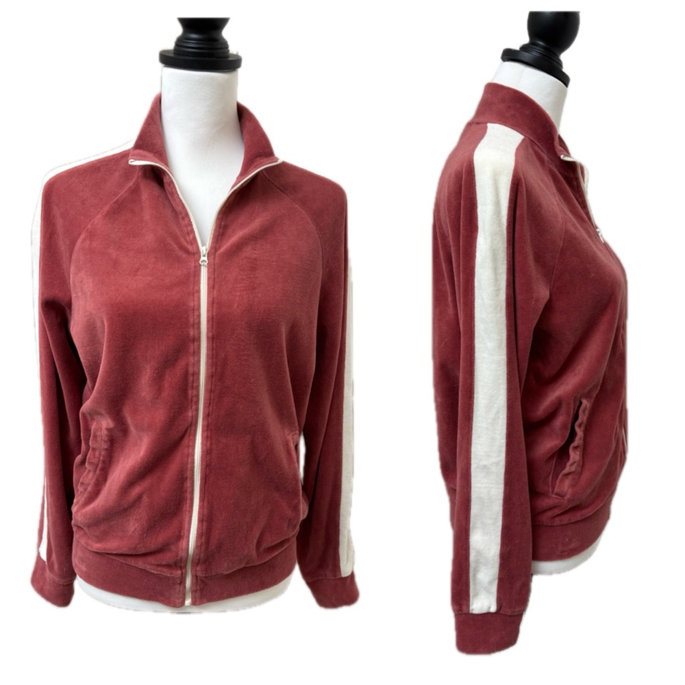 Velour terry cloth track suit zip up jacket dusty rose white size medium Y2K 90s
